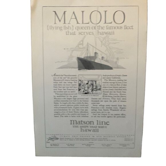 Vintage 1927 Matson Line Malolo Queen of the Fleet Ad Advertisement - Picture 1 of 3